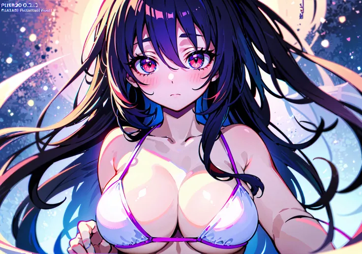 (best quality 1.2), (masterpiece 1.2), perfect anime illustration, close-up portrait of a beautiful woman walking around town very long purple hair huge breasts blush red eyes (((nsfw))) white bikini city neon night super detailed super detailed face brigh...