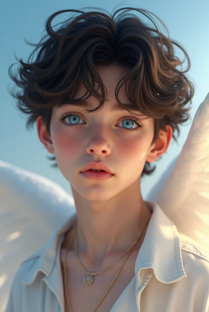 An 18-year-old boy with dark curly hair that falls slightly under his eyes, Eyes as blue as the sky and the owner of an angelic beauty 