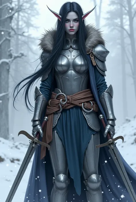 A night elf (with half-bluish gray skin) who has long black hair and gray eyes. She wears silver armor and on top of that armor she has a coat made of bear skin to protect from the cold of the north.  She holds two swords in each hand and a look of loyalty...