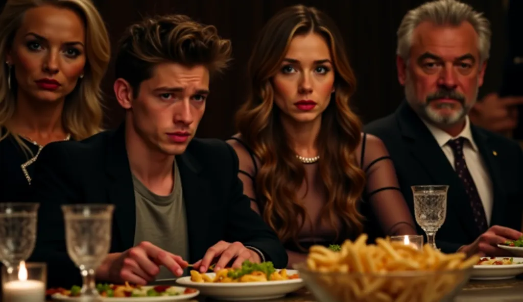 The image shows a family dinner in a luxurious but tense environment. Four people are seated at the table, with serious expressions and intense looks.

foreground: A young man with wavy hair and a disappointed and sad expression, about to cry, dressed in a...