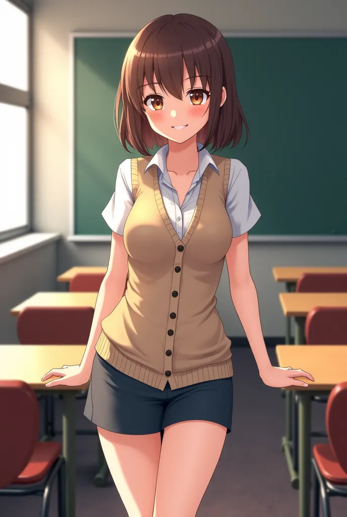 Highly detailed, slender legs, thin waist, anime, mini skirt, anime style, in classroom, normal sized body, detailed shadows, sexy eyes, highly detailed eyes, white short sleeve shirt, light brown sweater vest, 8k, sexy face, sexy smile, medium length hair...