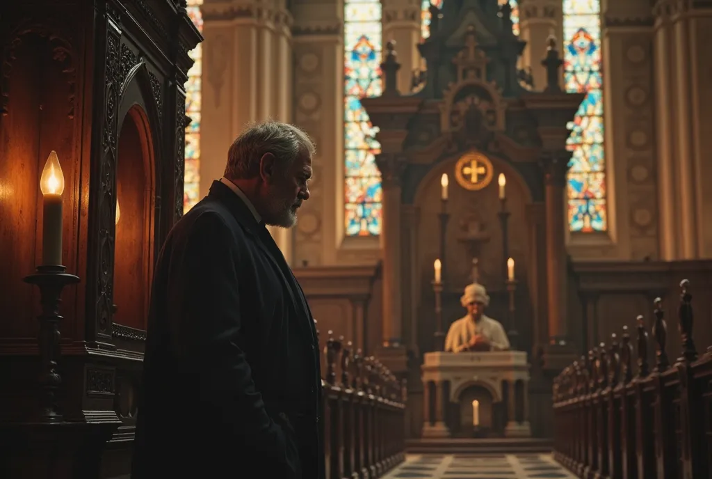 It generates a church with a confessional and a father of a family slowly coming to confession, In the second image where it is seen that the same man is kneeling in front of the father confessing 