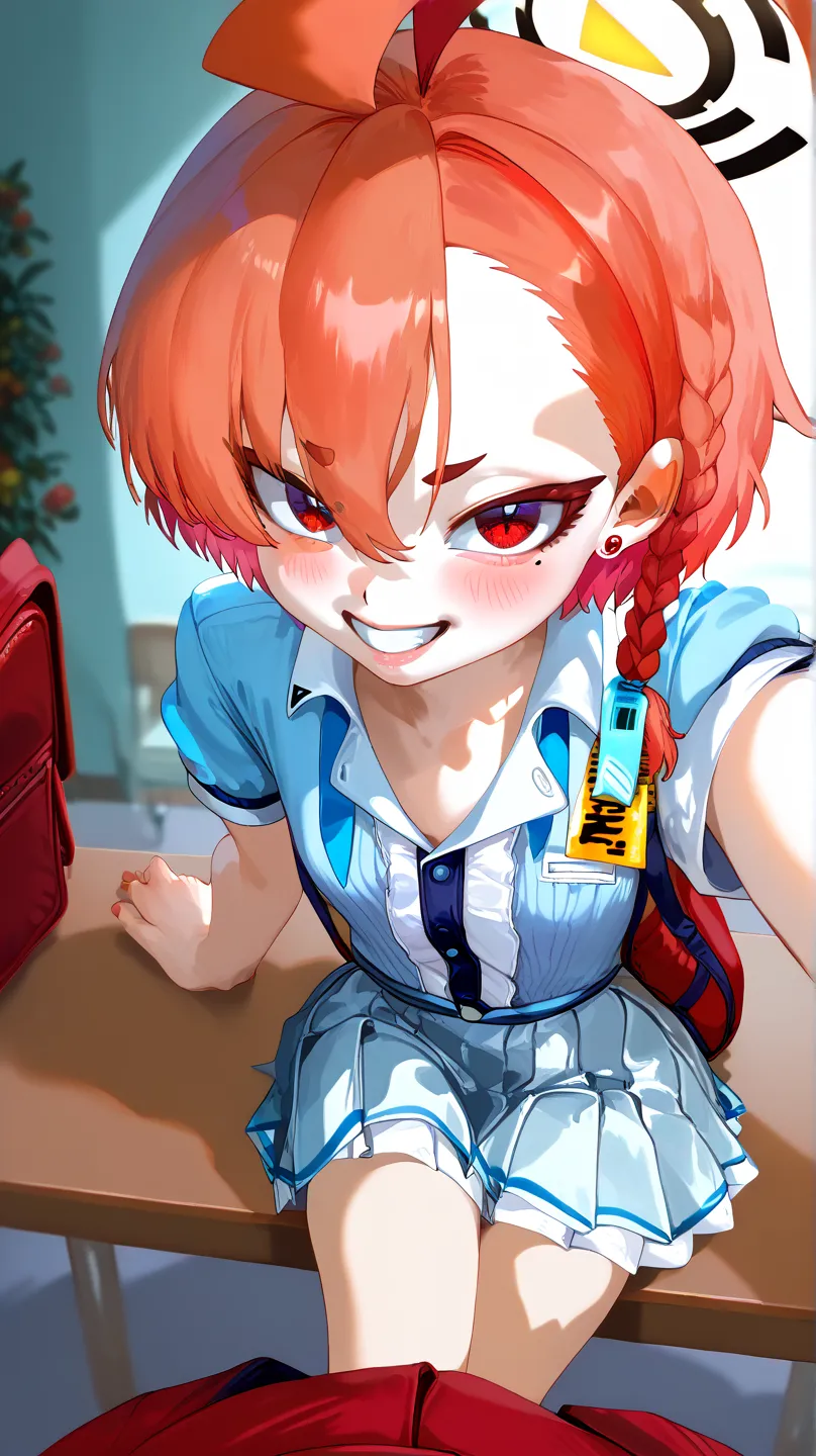 score_9, score_8_up, score_7_up,1loli, small breast, skinny, young, petite, mikamo_neru, red eyes, mole under eye, orange hair, short hair, huge ahoge, asymmetrical bangs, braid, stud earrings, halo, sitting on table, cute, kindergarten uniform, randoseru,...