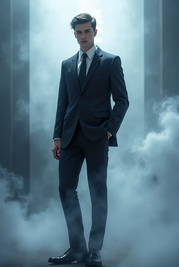 A man in a black suit and dress shoes ,  Full body , short black hair , And dark purple dark eyes . surrounded by smoke 