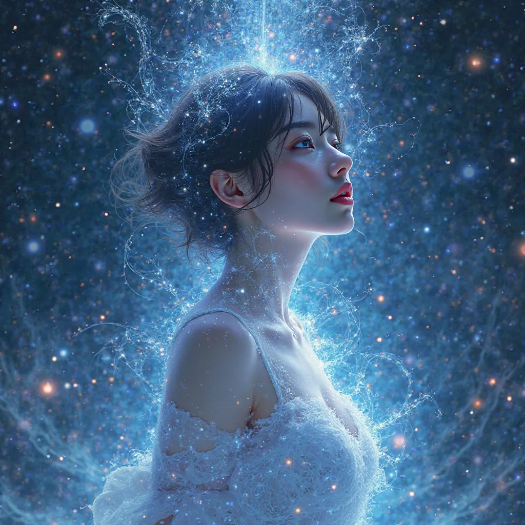 an illustration of a woman in the middle of a dark space with many stars, a hologram, space art, hyper dimension, akashic, cosmic skies. by makoto shinkai, cgsociety 9, ultra hd anime wallpaper