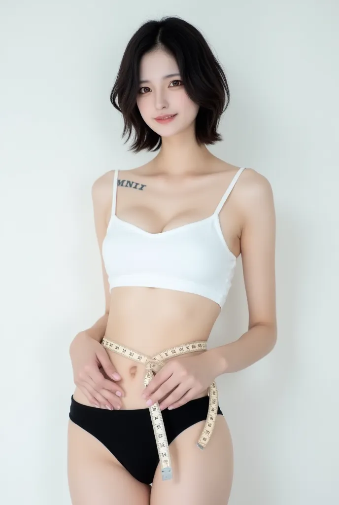 (very detailed)  A cute Korean girl is wearing a white top and black tight panties on her K-pop idol face. She measures a slim and healthy waist with a tape measure.She has black wavy hair and big hips.  She has large    . Ultra high quality photo image. ,...