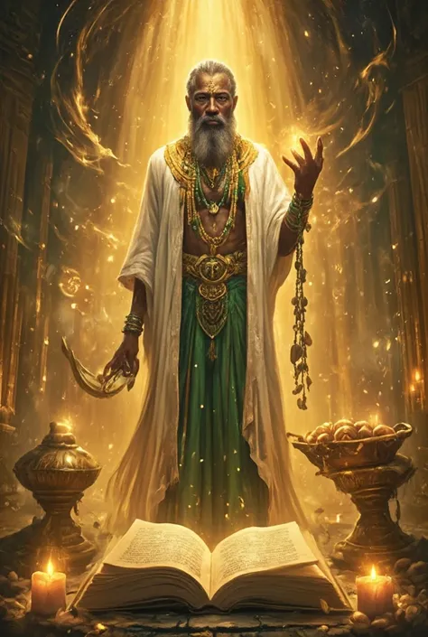 A majestic and enlightened depiction of Orunmila, the Yoruba Orisha of wisdom, divination, and destiny. He stands in the center of a sacred temple, surrounded by an ethereal golden light, symbolizing his divine knowledge and connection to the spiritual rea...