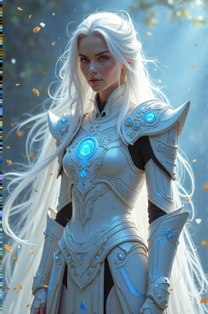 Girl with white hair and white and blue armor