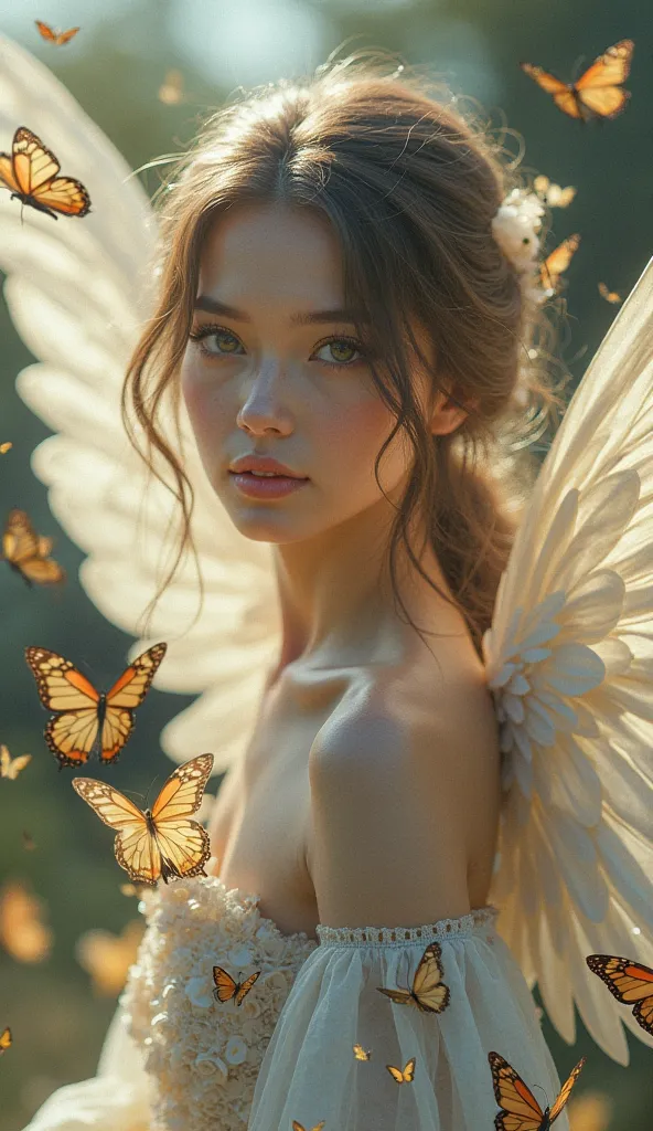 You create a hyper realistic professional portrait of a 20-year-old woman with huge wings spread out in a dress made of butterflies that fly out of her dress, In the environment there are birds fluttering,  she looks at the camera with a cheerful smile 