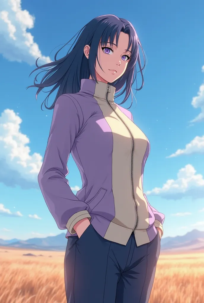 **"Hinata Hyuga, from Naruto, stands gracefully in a breathtaking open landscape under a vibrant blue sky. Her signature indigo hair falls softly around her face, with a gentle breeze lifting a few strands. She wears her classic lavender and cream jacket w...