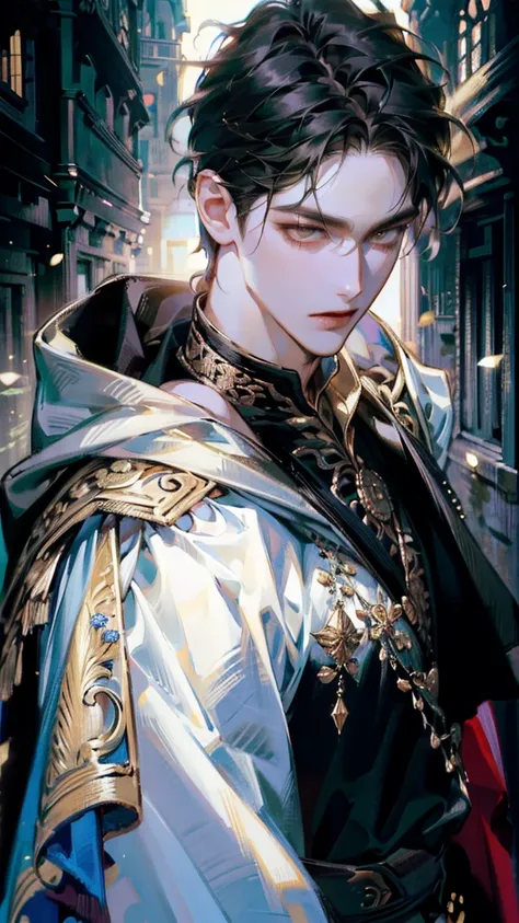 Illustration, 최고 품질,  pixiv 일러스트 , VERY DETAILED, 애니메이션, (((홀로)) (남성), 1인 남성, 귀족, the Duke, dark black hair, wolf cut hairstyle, light gold eyes, detailed eyes, 8k, fantasy long sword, have a cloak on one shoulder