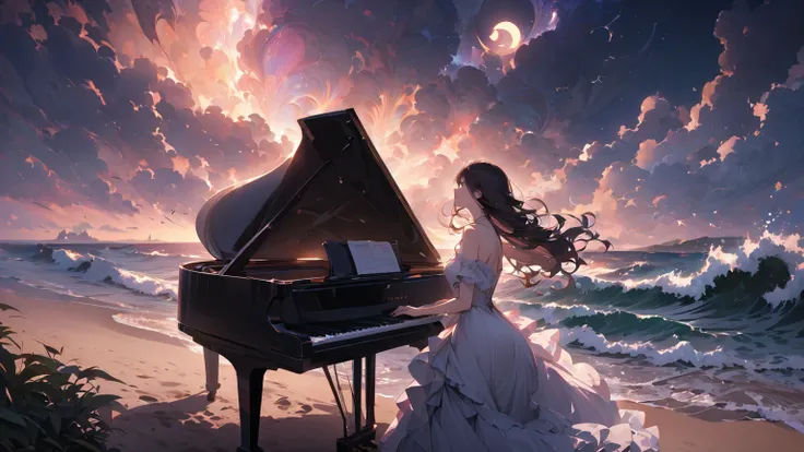 Woman playing piano on the beach at night、 moonlight 、 crescent、Wave、 dress、 splashes 、 looks up、Musical notes flying in the sky、（Best Quality、Super Detail、Ultra High Resolution、Absolute Resolution、8k、masterpiece）、