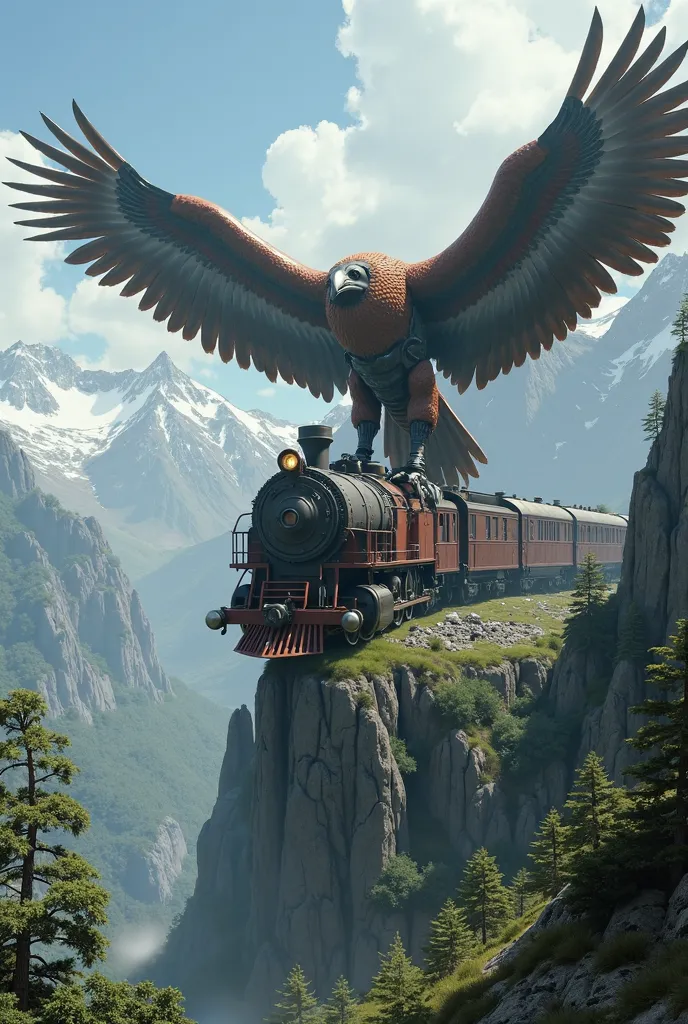 old train being carried by a giant robotic eagle on a mountain with green vegetation