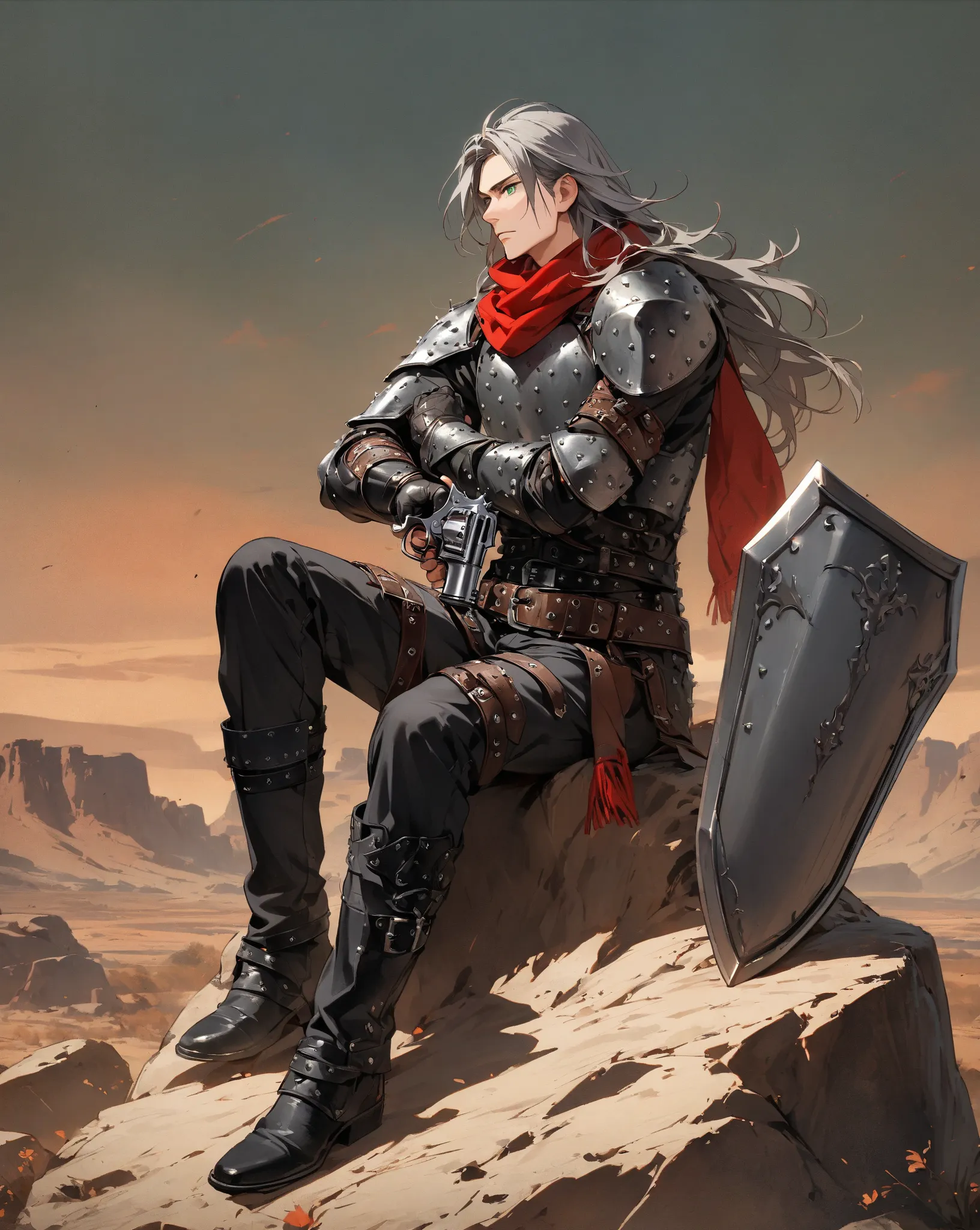 One adult Male, Black and Grey mid long hair, green Eyes, studded Leather armor with belts, black pants, red scarf, long red Muffler, black Western Hat , Holding a Modern silver Revolver,  large Metal shield is attached to his arm, Full Body view, prairie ...