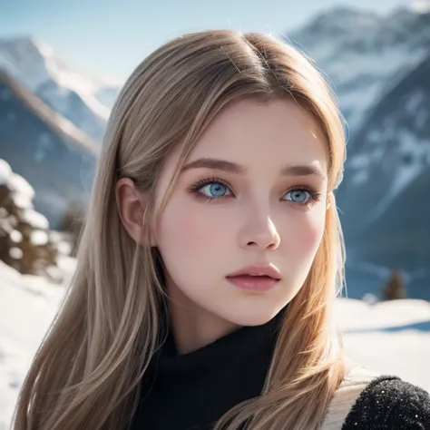  vintage fantasy , Masterpiece, Magnificent art,  top quality,  One Girl ,   close-up girl Nordic princess , Scandinavian Mountains, Winter Weather, Symmetrical and ultra-detailed face , Peach Silky Smooth Skin , Bright and aggressive green eyes,  White Di...