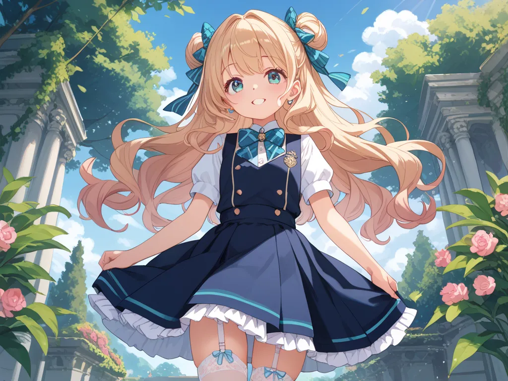 An anime-style illustration featuring a beautiful girl wearing a school 
uniform with a skirt that has frilly trims along the hem, complemented by a 
delicate white petticoat underneath for added elegance. She has long, flowing 
black wavy hair and a cheer...