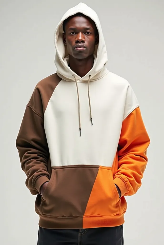 I want a white hooded sweater with front pockets in white with dark brown sides and one sleeve brown and the other melon 