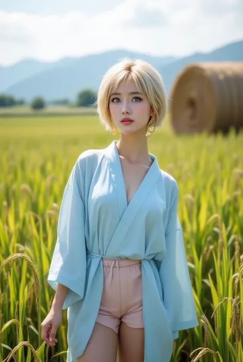 Beautiful Korean woman, short bob, blonde hair, small slit nose, small eyebrows, slender legs, makeup, small mouth, small blue eyes, V-shaped face, makeup, gold round earrings, long eyelashes, cool and confident face
Costume: Light blue sleeveless Japanese...