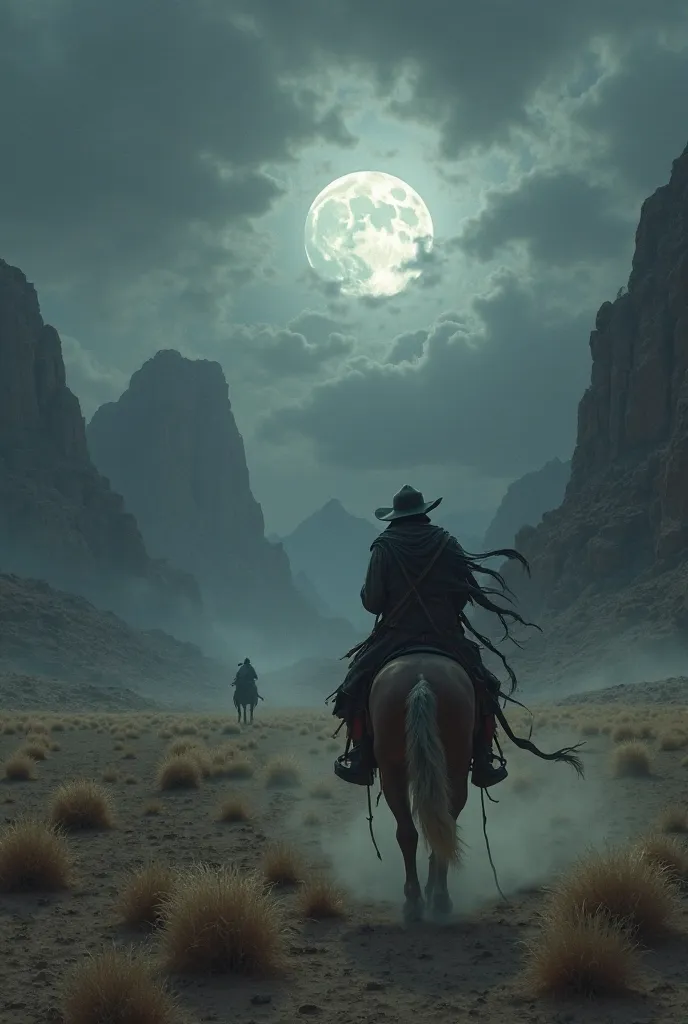 The wind howls across the desolate desert as you ride your horse, gripping the reins tightly. The full moon struggles to break through thick clouds, casting faint, eerie light on the dry ground. In the distance, jagged mountains loom, and the air grows col...