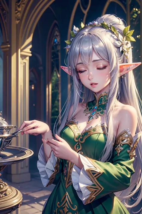 ((masterpiece)),((top quality)),((high detail)), photorealistic, elf woman, singing, long silver hair, closed eyes, Upper body close-up, Look at the top right, Medium Breast, Delicate decoration, Off-shoulder, green dress, Beautiful hair ornaments, Fairy l...