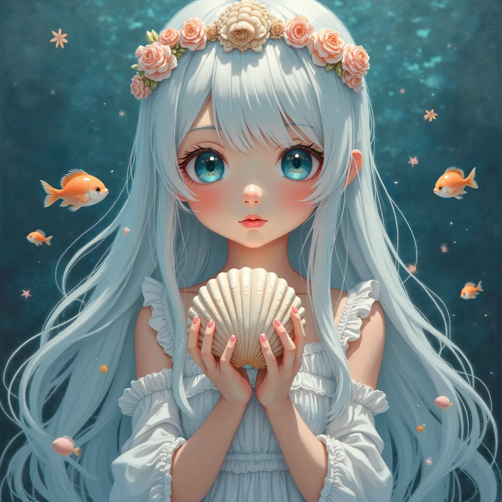 A digital painting depicts an ethereal illustration of a young girl with long, straight white hair and fluffy bangs, gently cradling a seashell in both hands. She has large, watery indigo-blue eyes, rosy lips, and fair skin. Her hair is adorned with an int...