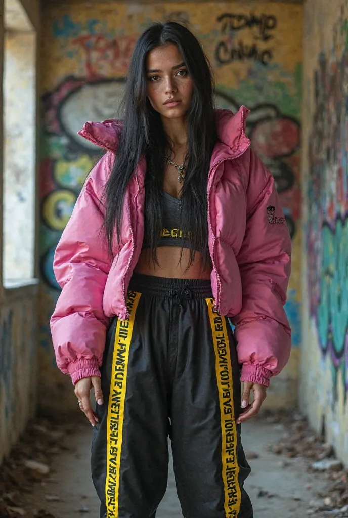 Veronica Gomez  beautiful skin defined nose, super long straight black hair and arched eyebrows, brown eyes dark freckles wearing colored baggy pants black with yellow police tape design with one leg rolled up to the knee, Reebok shaq attaq shoes black wit...