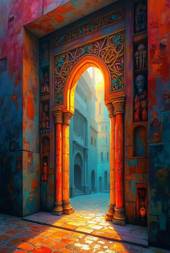 a glowing arabic portal, picasso style, high quality, 4k, ultra detailed, masterpiece, vibrant colors, abstract art, digital painting, dramatic lighting, surreal atmosphere, fantastical architecture, intricate patterns, cubist distortion, avant-garde compo...