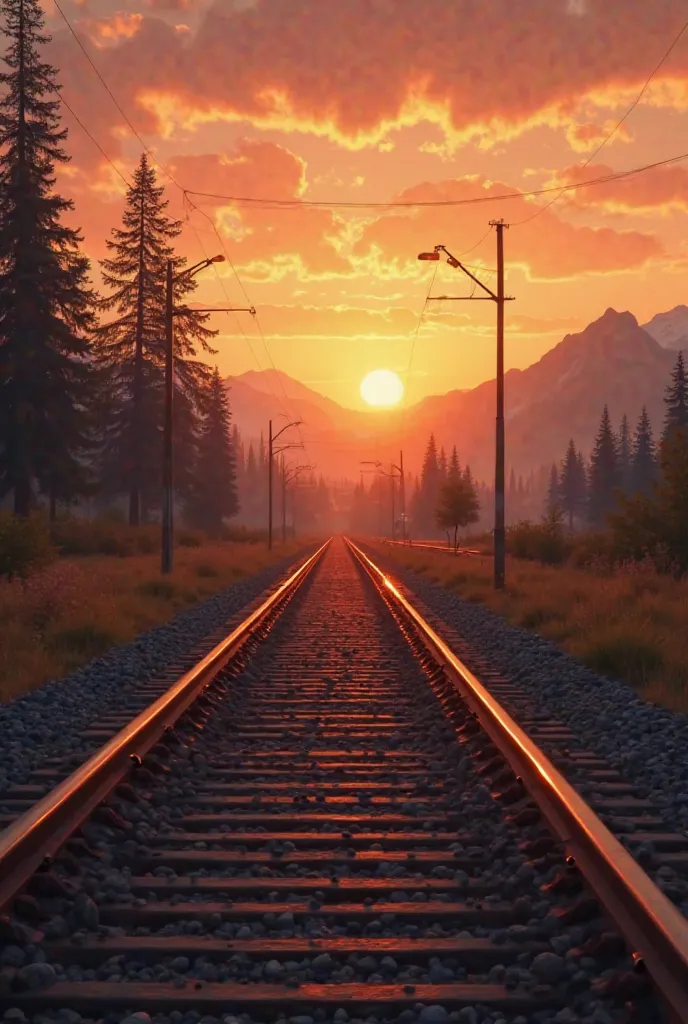 4K, . The background turns into a sunset.,  realistic face , มีคนนั้งrailway,Realistically tall facing away, railway. , some trees and mountains are on the background in a distant form and 180 degrees visible.