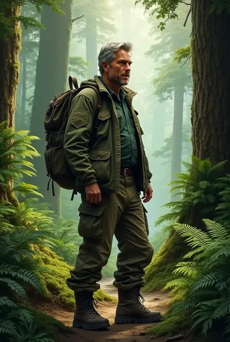 a 39-year-old man wearing ranger clothes in the middle of a forest, Posicionado de lado 