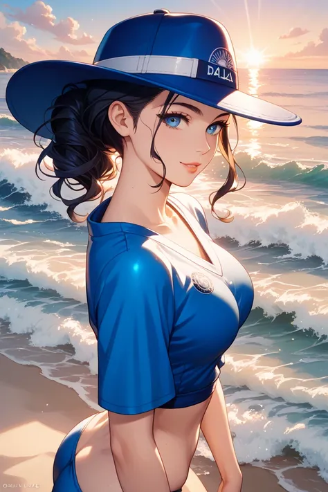 wearing a blue cap from Dallas Mavericks、Japanese beauty with long black hair。 The background is the seaside 