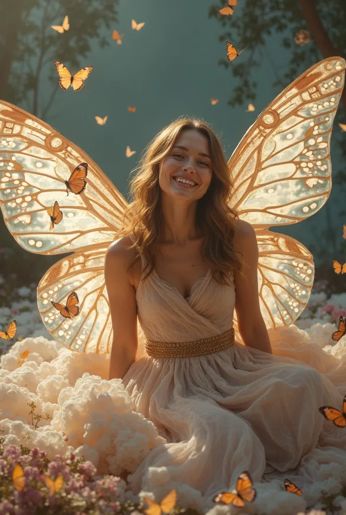 You create a hyper realistic full body professional portrait of a 20-year-old woman with huge wings spread out in a dress made of butterflies that fly out of her dress, She is sitting on her side, In the environment there are birds fluttering,  she looks a...