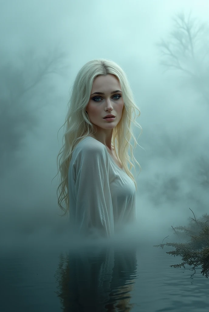 Woman with white complexion and blue eyes, blonde. Around fog and a dark river