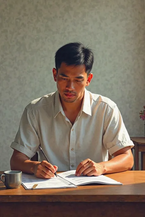 A Filipino man in a shirt sitting in a simple table and chair while signing a survey questionares in a realistic image