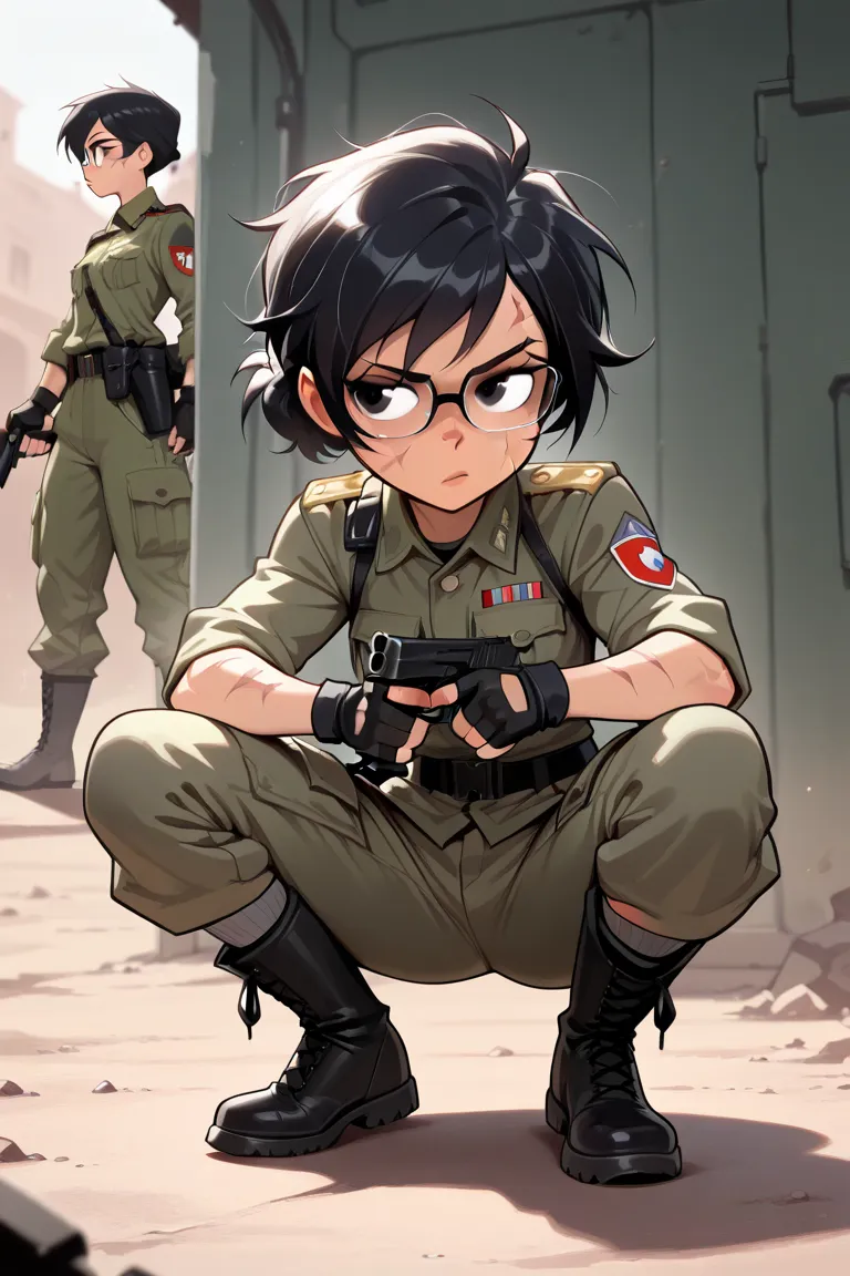 masterpiece,best quality,absurdres, (close-up:1.2), ((1girl)), dani phantom, small breasts, hips, short hair, petite, black hair, messy hair, black eyes, ((glasses)), full body, grey socks, no shoes, ((military outfit, cargo pants, military boots, fingerle...