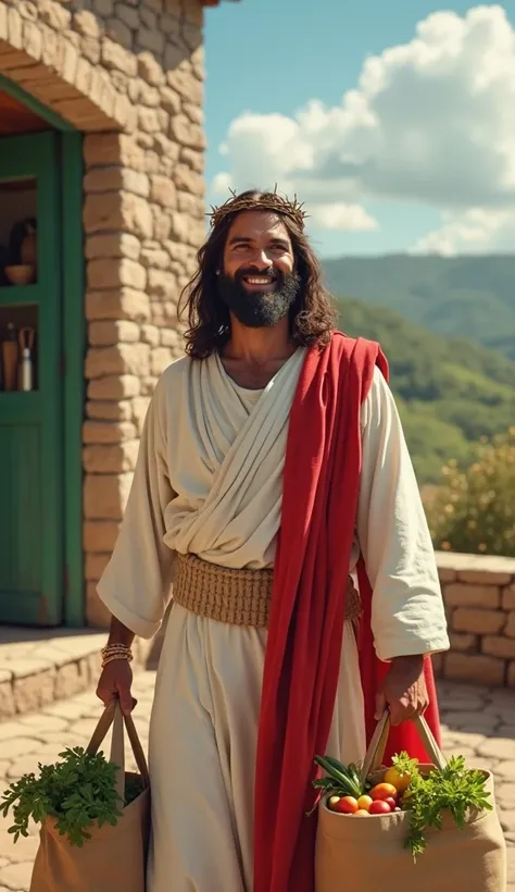  An ultra-realistic cinematic representation   ,     joyful portrait of Jesus Christ in a modern and inspiring scene    .     He is portrayed with long wavy hair    , a full beard,     and a crown of thorns on the head    , Smiling warmly.   He wears a tra...