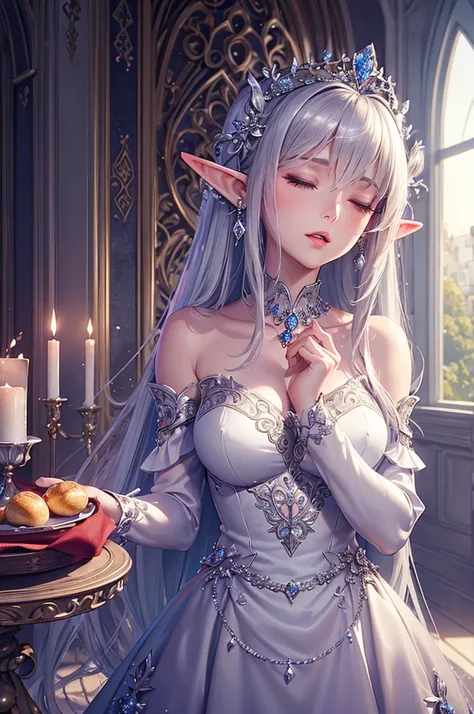 ((masterpiece)),((top quality)),((high detail)), photorealistic, elf woman, singing, long silver hair, closed eyes, Upper body close-up, Look right, Medium Breast, Delicate decoration, Off-shoulder, scarlet dress, Beautiful hair ornaments, Fairy land, On t...