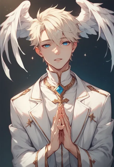 Anime angel boy drawing with slim build and fine features , blue eyes, white skin, shoulder-length hair and blond hair , wearing a long white coat with her hands praying