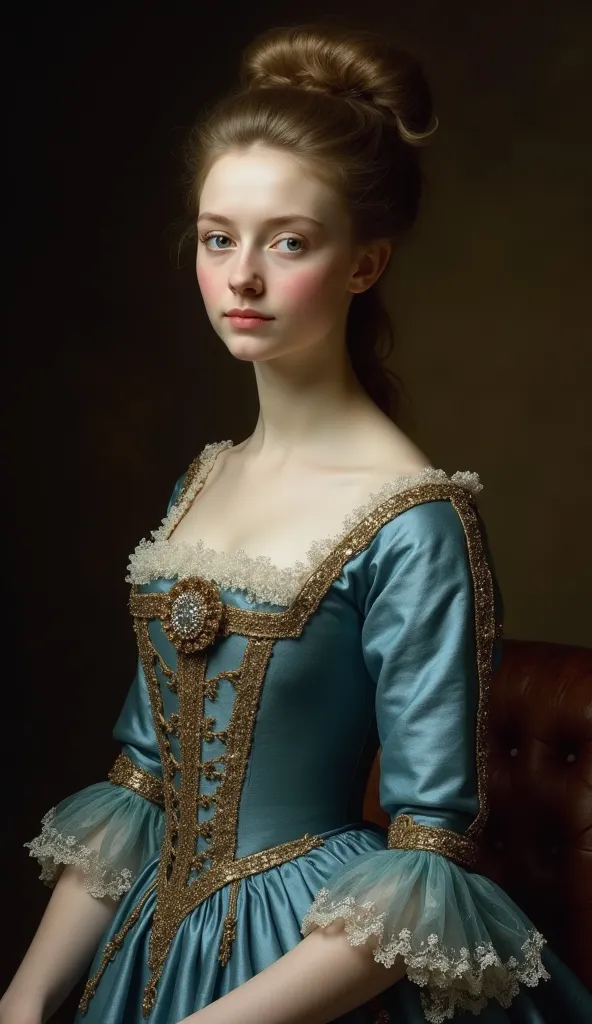 A classic portrait of a young noblewoman from the 18th century, with a richly decorated blue dress, delicate lace and a large brooch on her chest. Her hair is combed in a pompous hairstyle, typical of the time, and her face has a subtle and enigmatic expre...