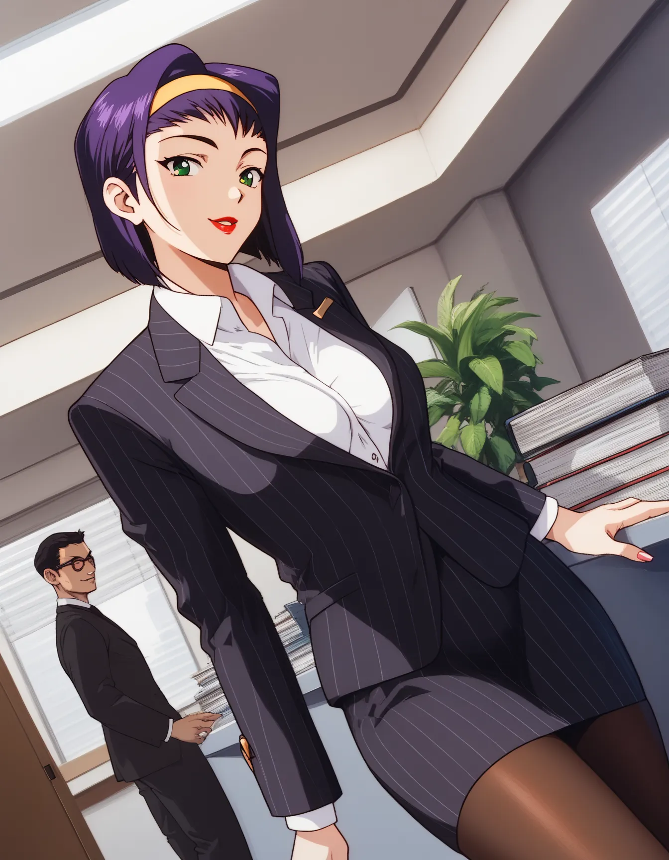 FV, 1girl, solo, purple hair, yellow hairband, lipstick, green eyes, medium breasts, slight smile, office lady, office room, indoors, professional light, standing, dutch angle, pinstripe suit, black suit, collared shirt, pinstripe skirt, black pantyhose, c...