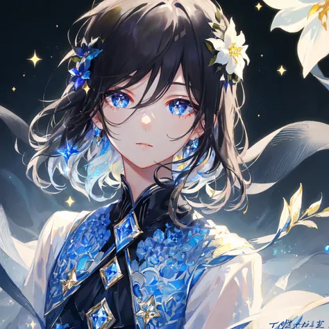  1 Boy's Masterpiece 、Best Quality、shape、Black Diamond Eyes and Hair 、cool、(moving lighting:1.2)、cinematic lighting、Delicate features、 fine eyes、 sharp pupils、Realistic student、written boundary depth、Bokeh、sharp focus、(very detailed、flower、Sparkle:1.4)