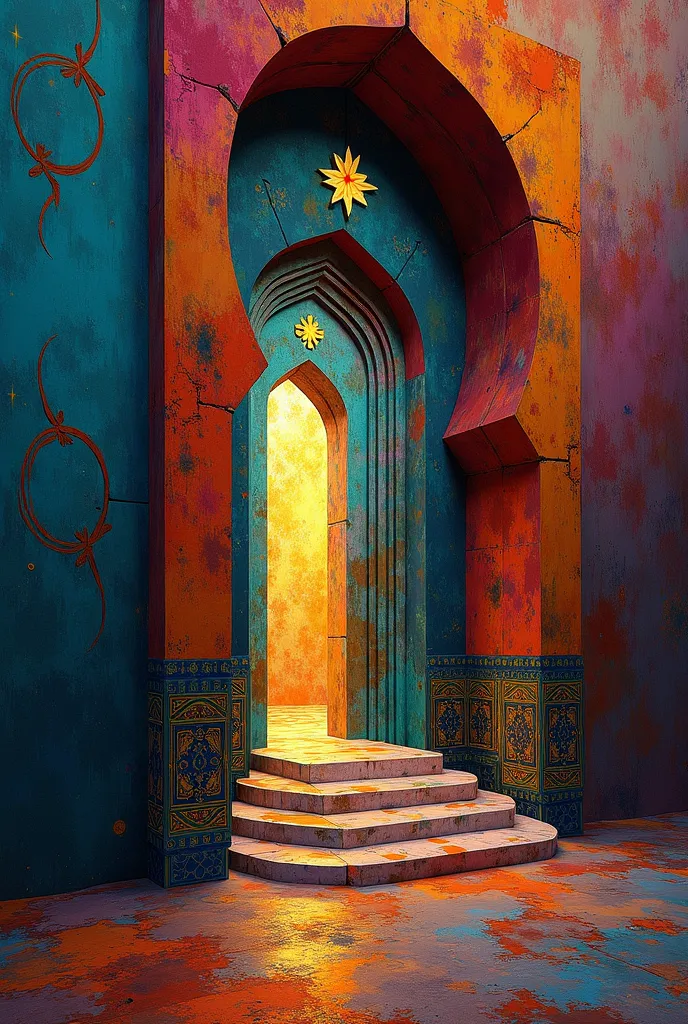 a glowing arabic portal, picasso style, high quality, 4k, ultra detailed, masterpiece, vibrant colors, abstract art, digital painting, dramatic lighting, surreal atmosphere, fantastical architecture, intricate patterns, cubist distortion, avant-garde compo...