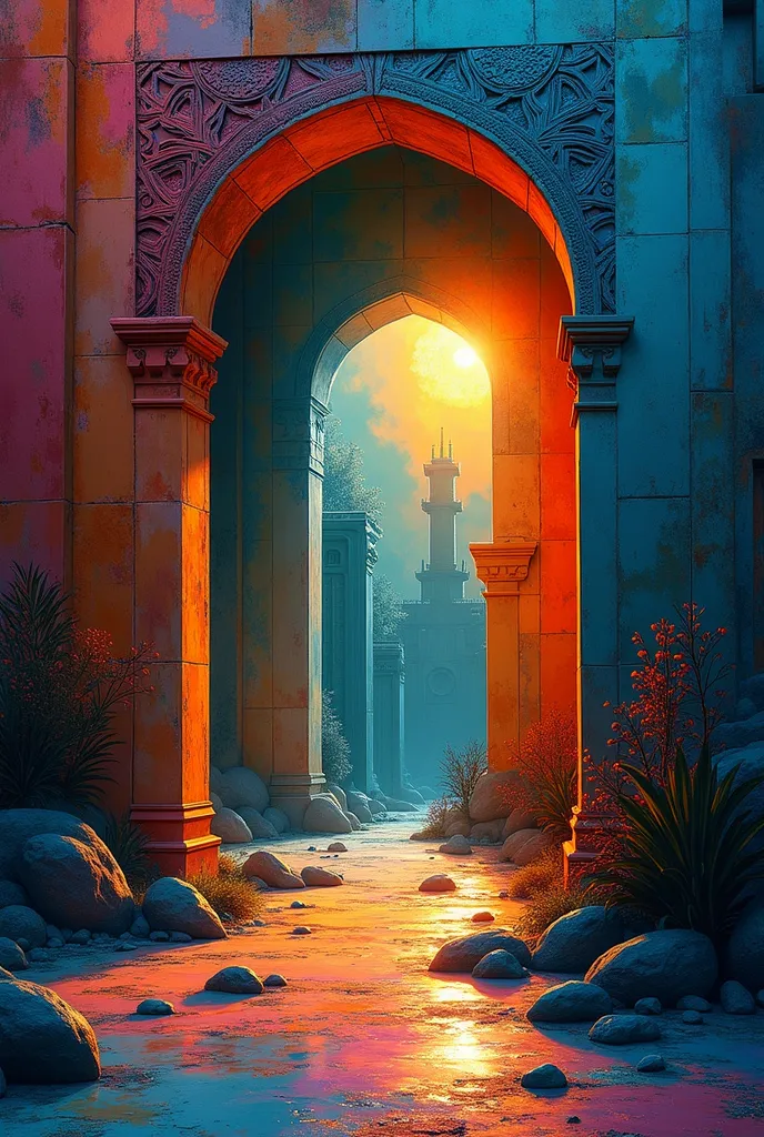 a glowing arabic portal, picasso style, high quality, 4k, ultra detailed, masterpiece, vibrant colors, abstract art, digital painting, dramatic lighting, surreal atmosphere, fantastical architecture, intricate patterns, cubist distortion, avant-garde compo...