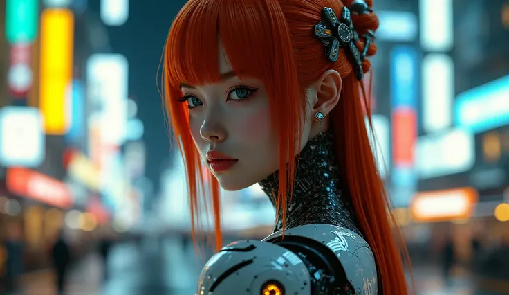 a beautiful oriental woman with red hair, with robotic parts in cyber punk style, in a night environment in Tokyo with yellow and blue neon lights