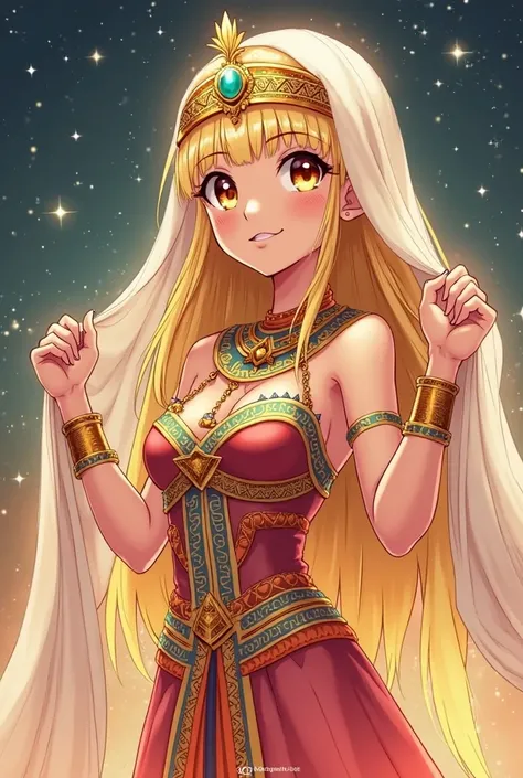 An enchanting anime-style illustration of a radiant Egyptian princess adorned in a mesmerizing, intricate outfit, exuding elegance and nobility.

Her golden-blonde hair cascades down her shoulders, partially covered by a delicate white veil that she gracef...