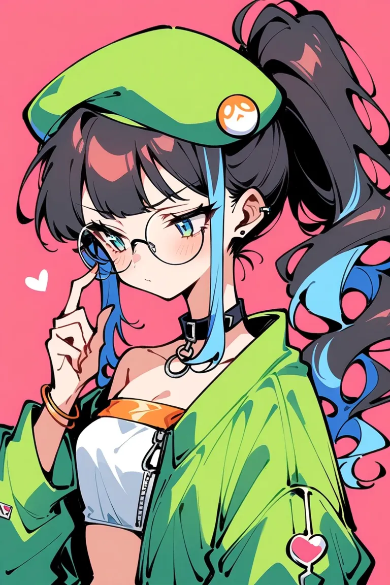 (has the best quality, sketch:1.2),practical,Illustrator ,cunning， Japanese cartoon ,1 Girl,  long hair, ( double ponytail), portrait,  multicolored hair ,  dark hair,  sidelocks, Blue Hair, Wavy Hair, Eyeliner, Jewelry,  Beret , O-Ring,  collar, Button,  ...