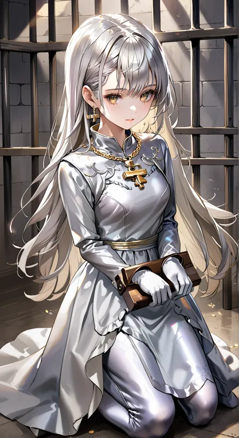 portrait、god々Shining light、( masterpiece, top quality, Ultra High Resolution ),Extremely detailed CG, Japanese woman with pale silver hair,(( beautiful face)),(( long sleeve long dress made of pale silver satin))、((The dress has a simple design without e...