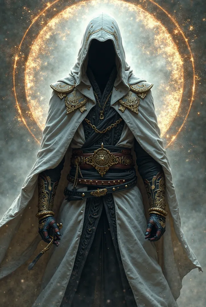 ASSASSIN MAN IN A WHITE AND BLACK CLOAK IN A HOOD WITH GOLD BRACELETS WITH A DAGGER AND ENERGIES IN A CIRCLE!