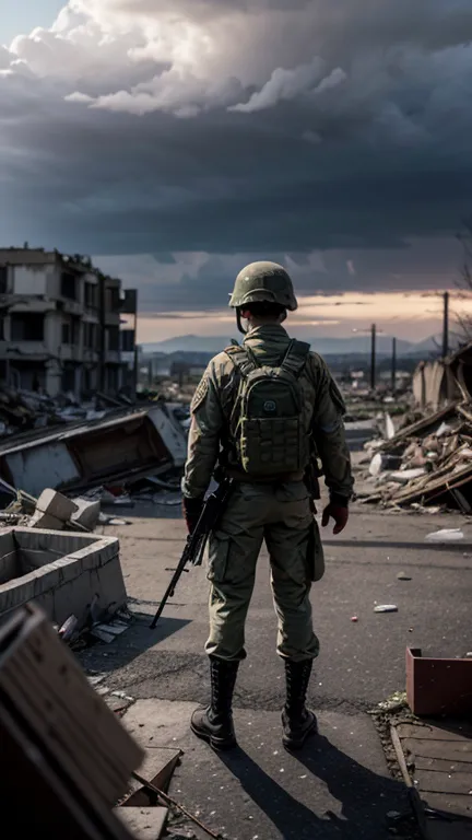 A dramatic war scene featuring a soldier standing over a battlefield filled with rubble and destruction. The soldier wears a green military uniform, a helmet, and tactical gear, holding a rifle while surveying the area with a stern, determined expression. ...