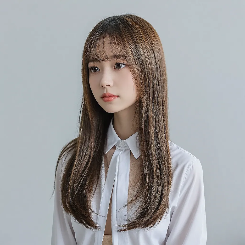 

A hyper-realistic portrait of a 27-year-old Japanese woman with a short haircut, gazing slightly away from the camera with her lips slightly parted. Her hair is a 7-tone brown, styled neatly like a salon model. The background is a simple white. The image...