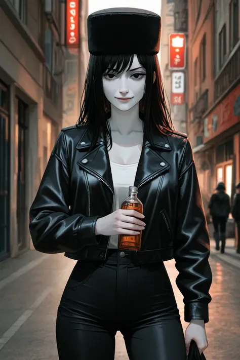 Russian girl, white skin, black eyes, black hair, black clothes, with a cocky smirk, using an ushanka, holding a vodka bottle, chainsaw man manga art